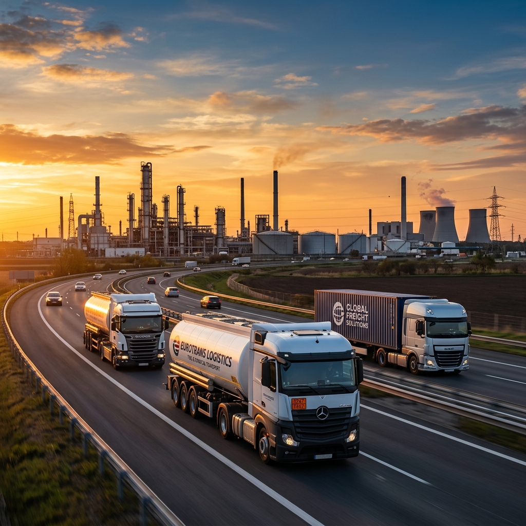 Fleet of transport vehicles on highway